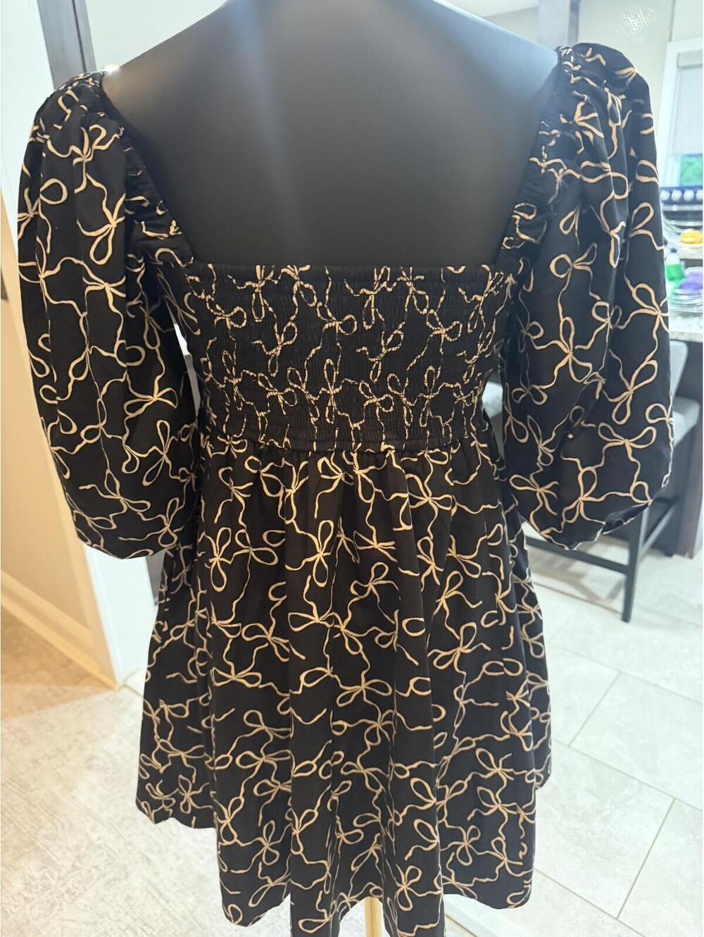 NWT Abercrombie & Fitch Emerson Poplin Puff Sleeve Mini Dress Black Bow print - Picture 3 of 6